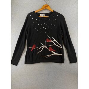 Christopher & Banks Petite P/M Black Cardinal Pearl Embellished Sweater 3789